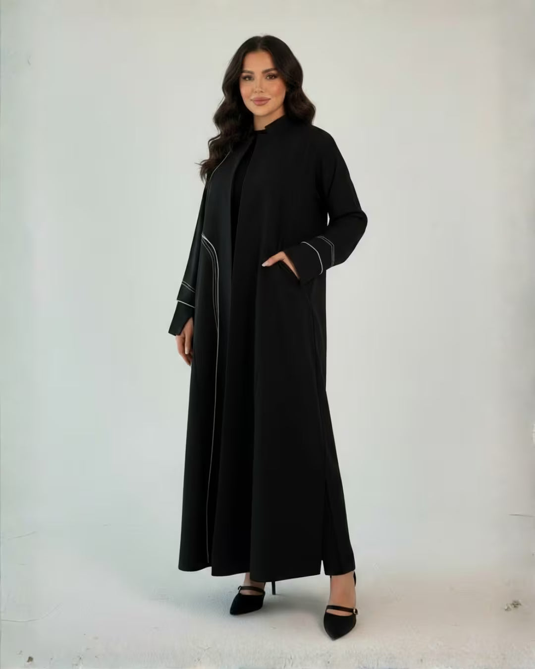 FEE Black Abaya with White Contrast Stitching