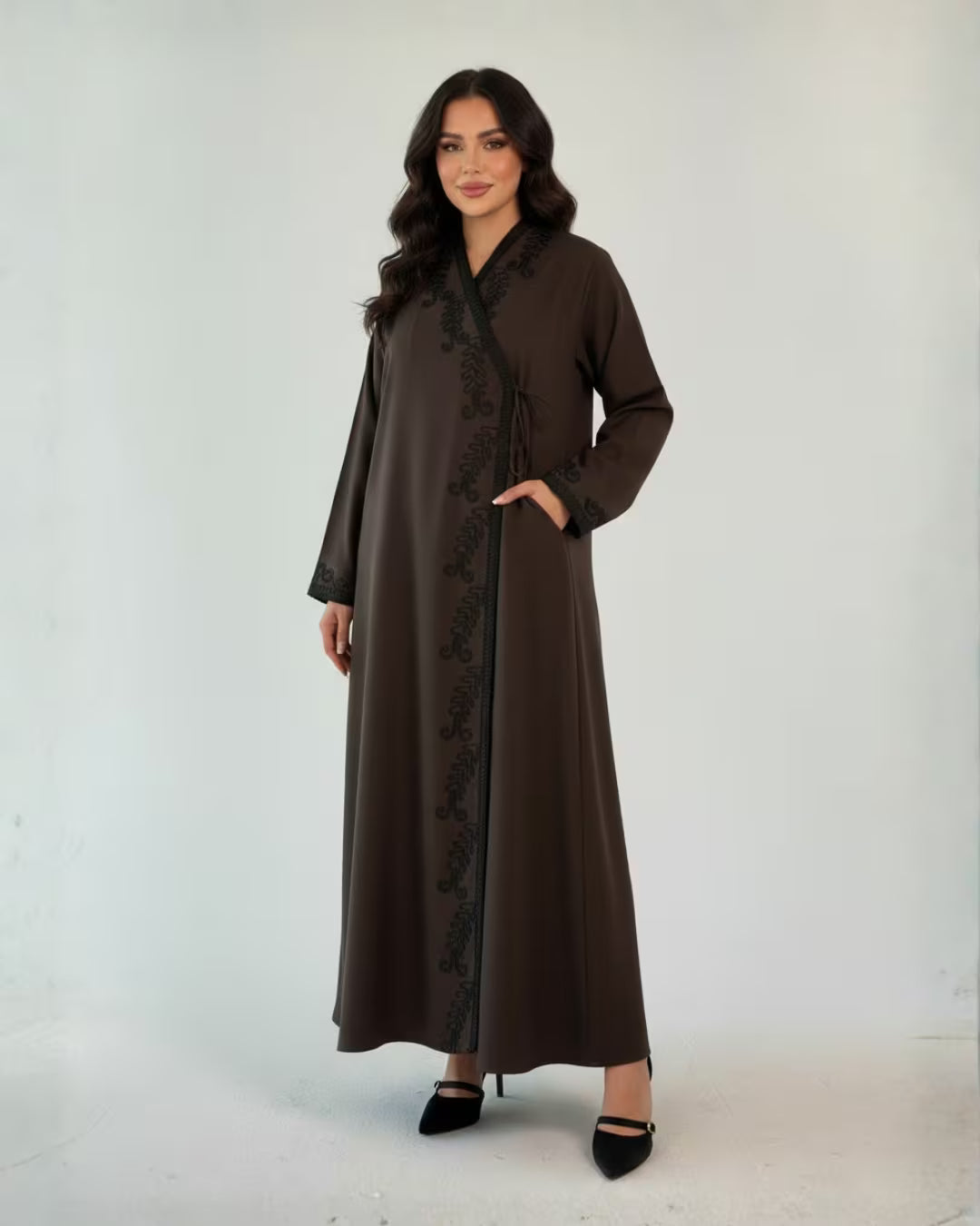 FEE Embroidered Wrap Abaya – Chocolate Brown