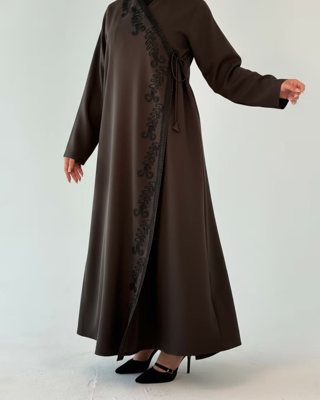 FEE Embroidered Wrap Abaya – Chocolate Brown