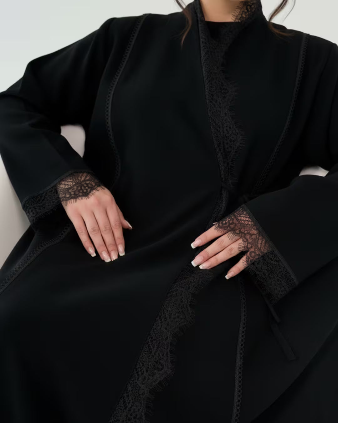 FEE Black Lace-Trim Wrap Abaya