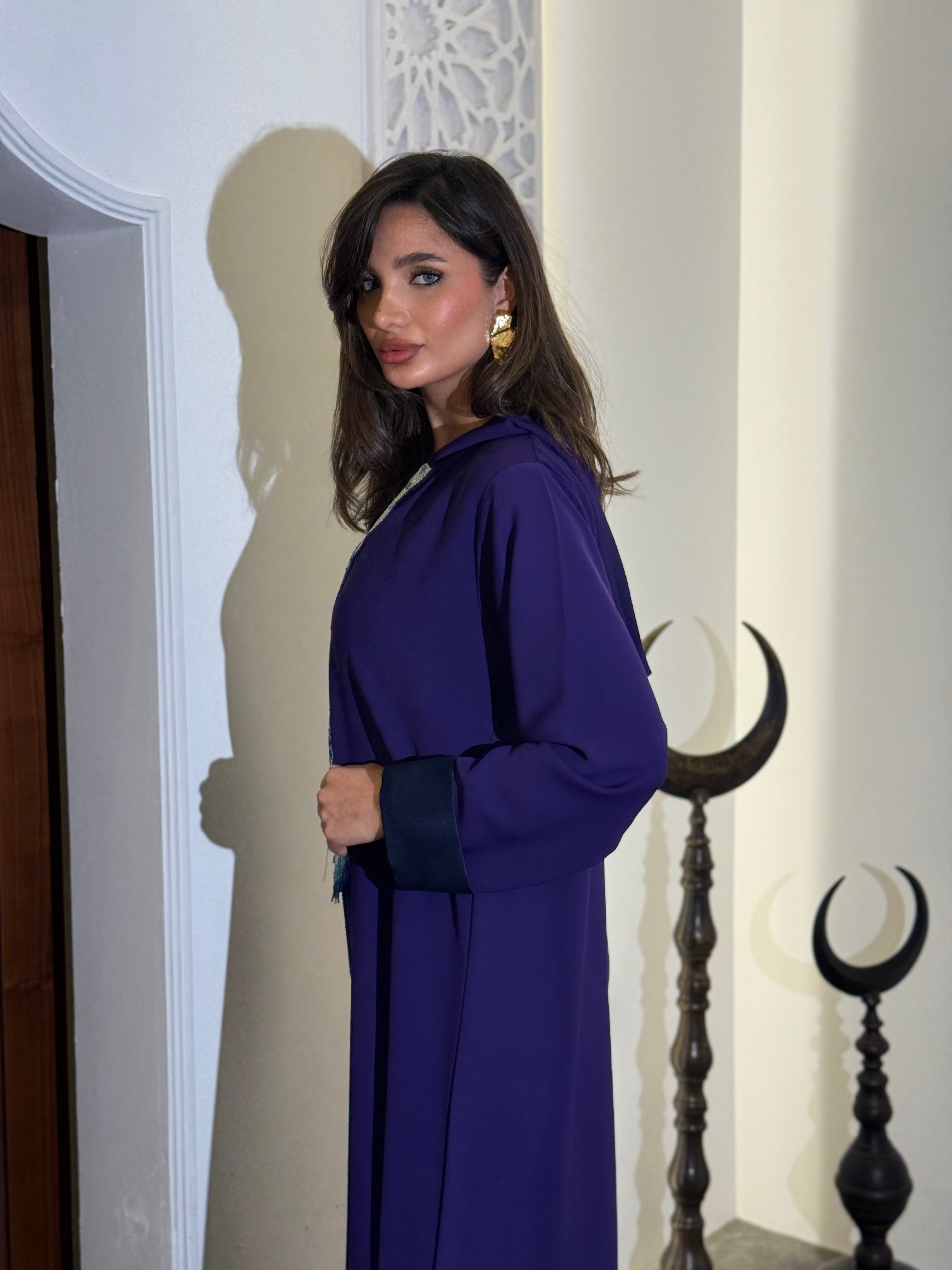 Two-tone crepe jalabiya in deep purple with blue detailing, featuring delicate beadwork (on order)
