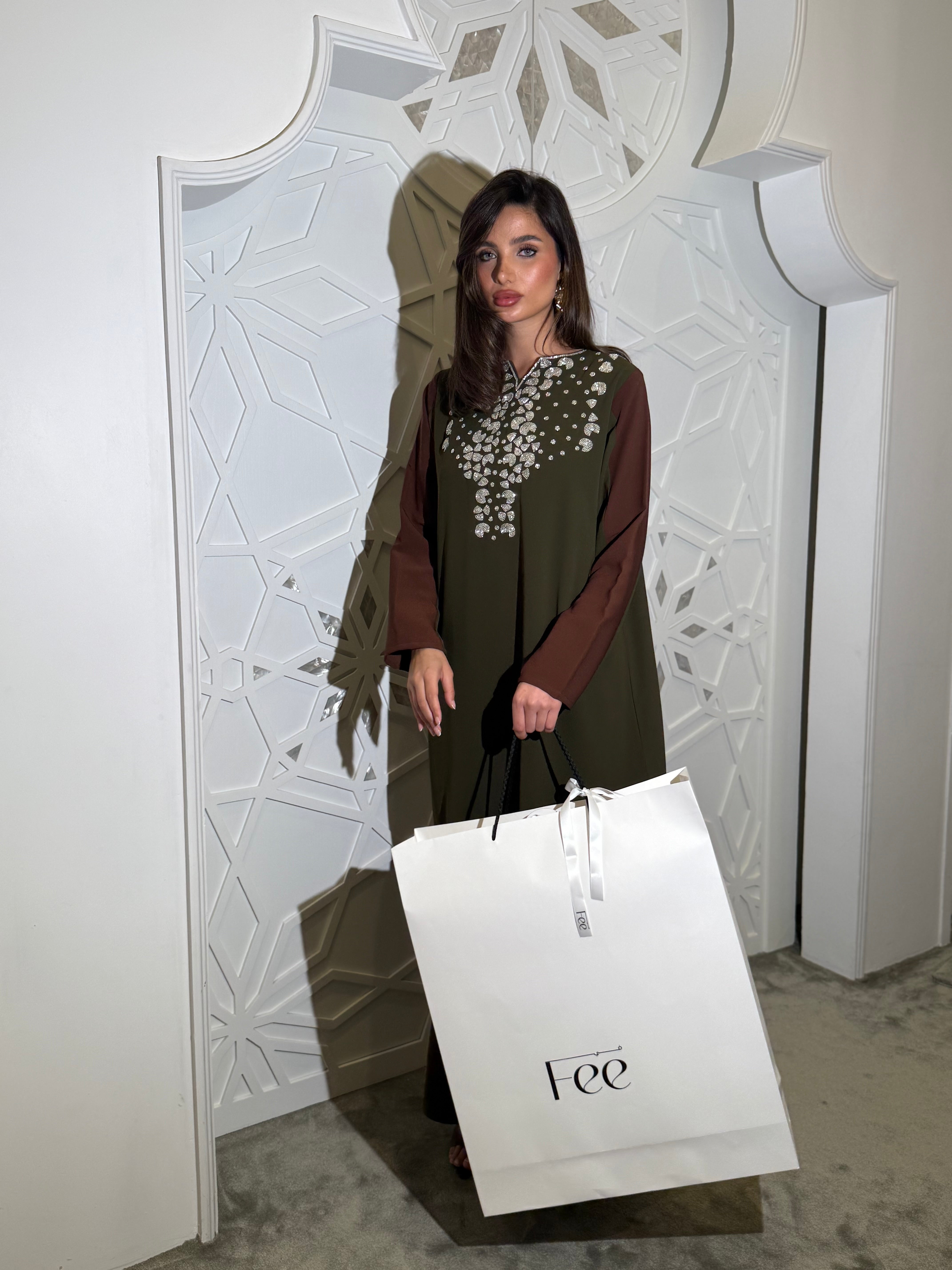 Two-tone crepe jalabiya in dark brown and olive, adorned with silver beadwork (on order )