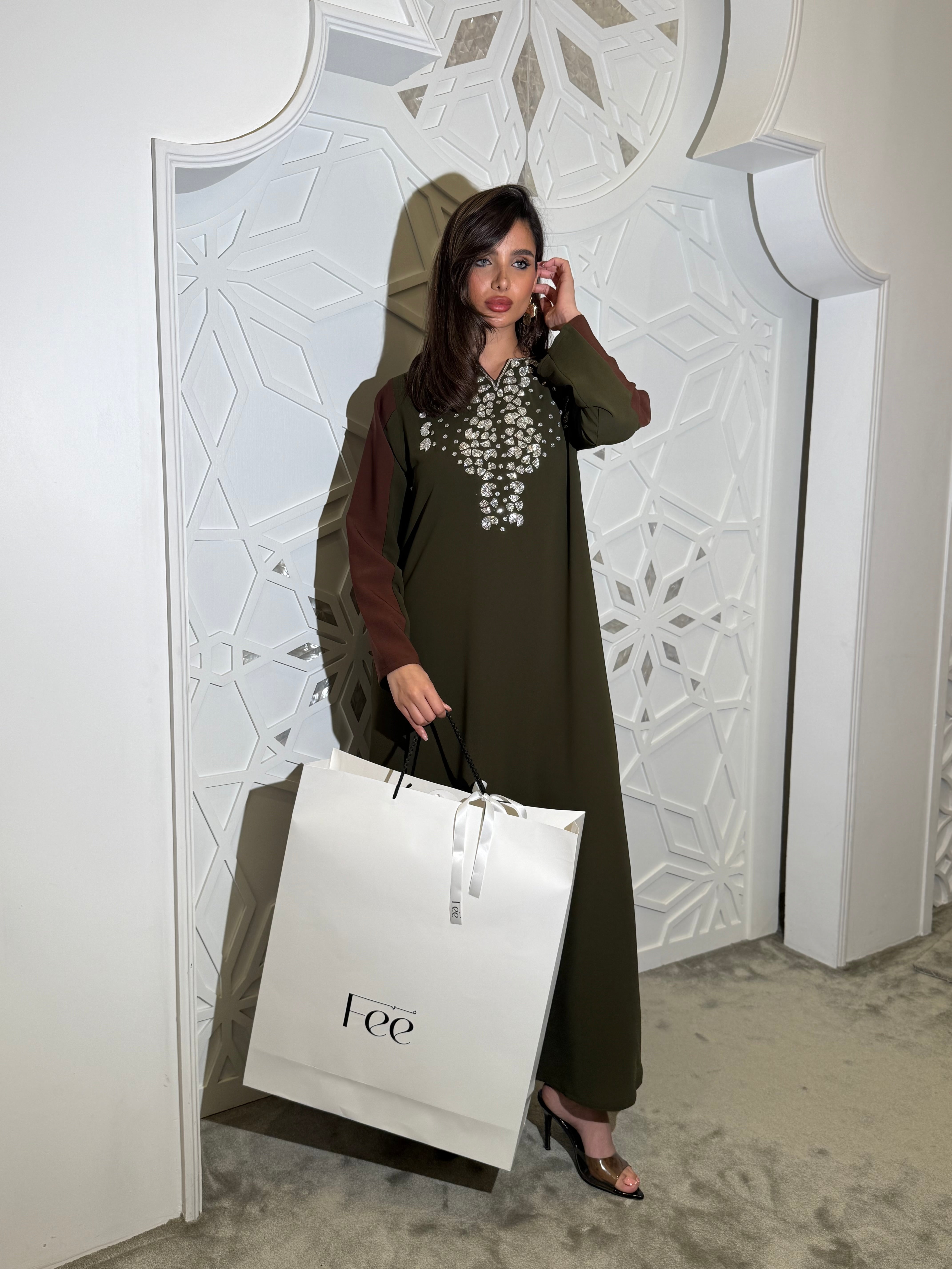 Two-tone crepe jalabiya in dark brown and olive, adorned with silver beadwork (on order )