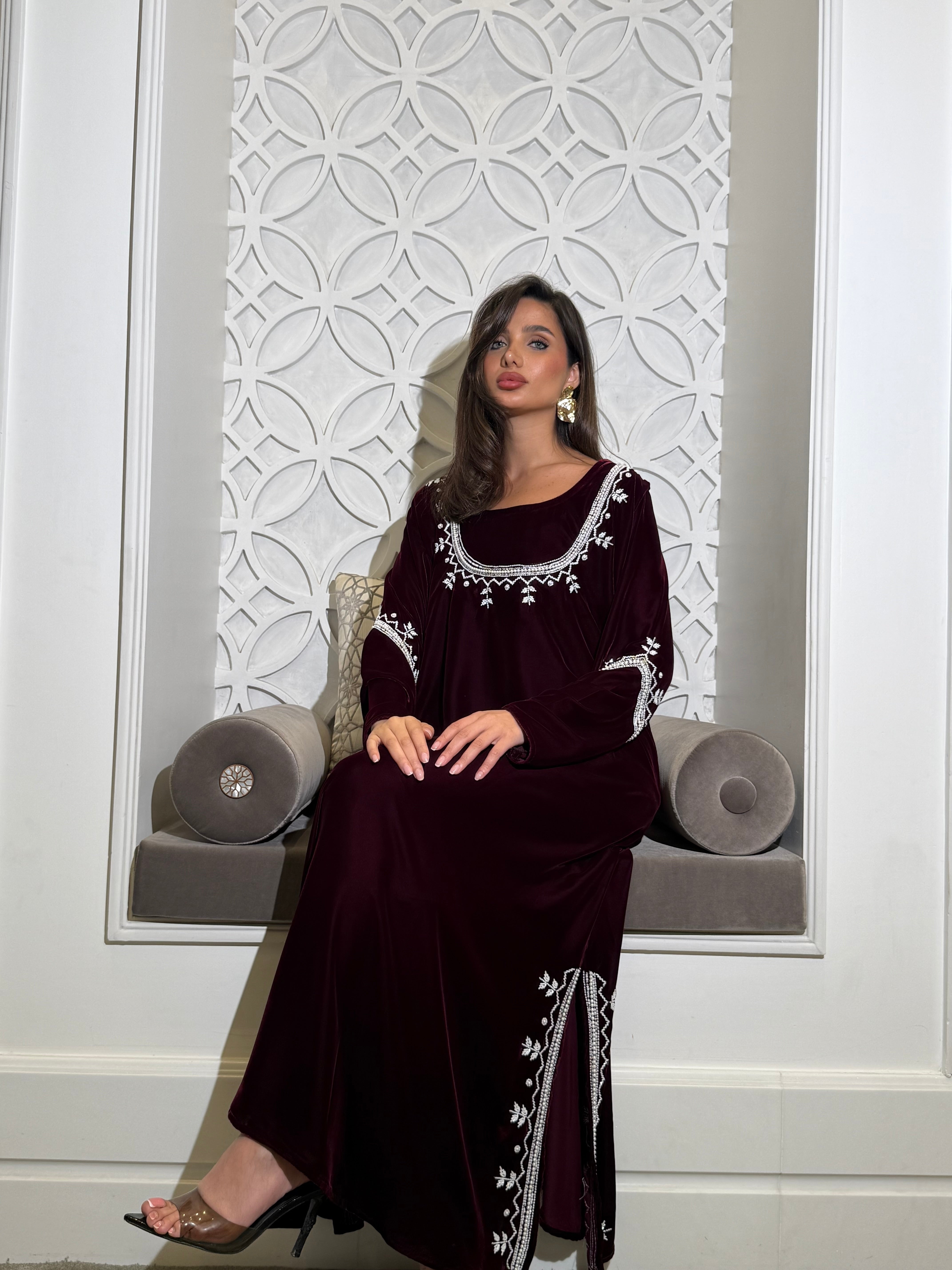 Velvet jalabiya in burgundy with white beadwork