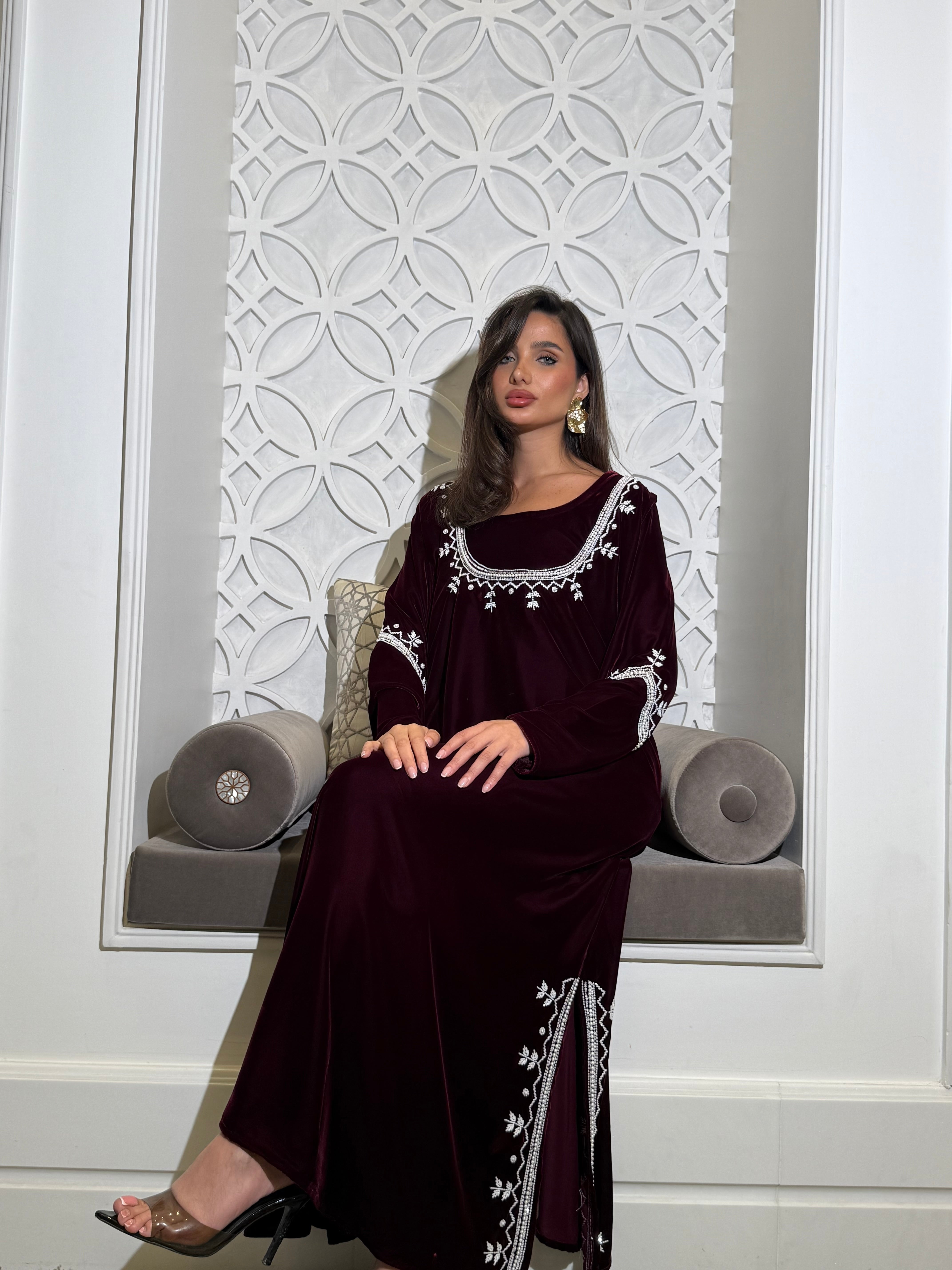 Velvet jalabiya in burgundy with white beadwork
