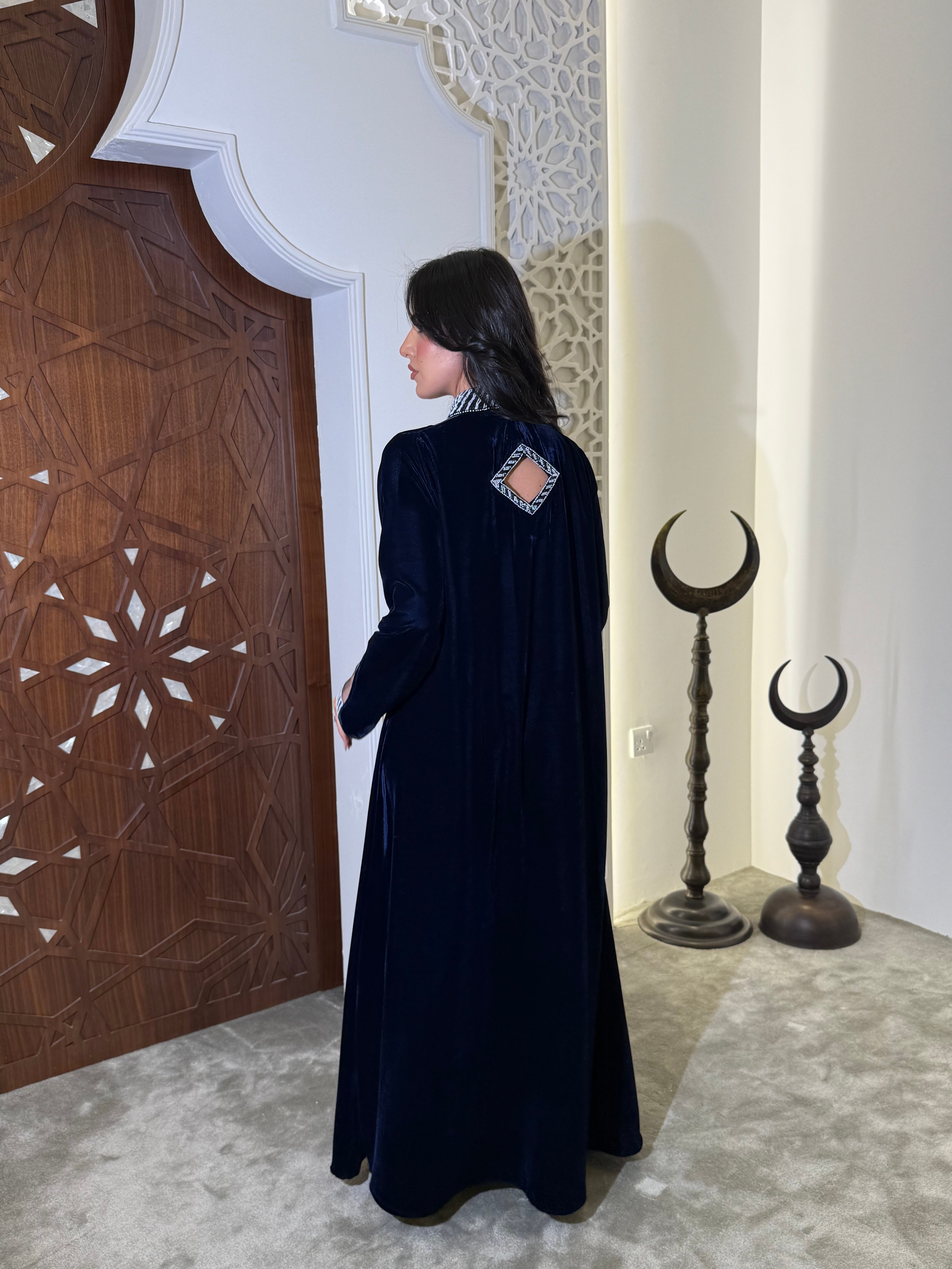 Dark blue velvet jalabiya with beadwork (on order)