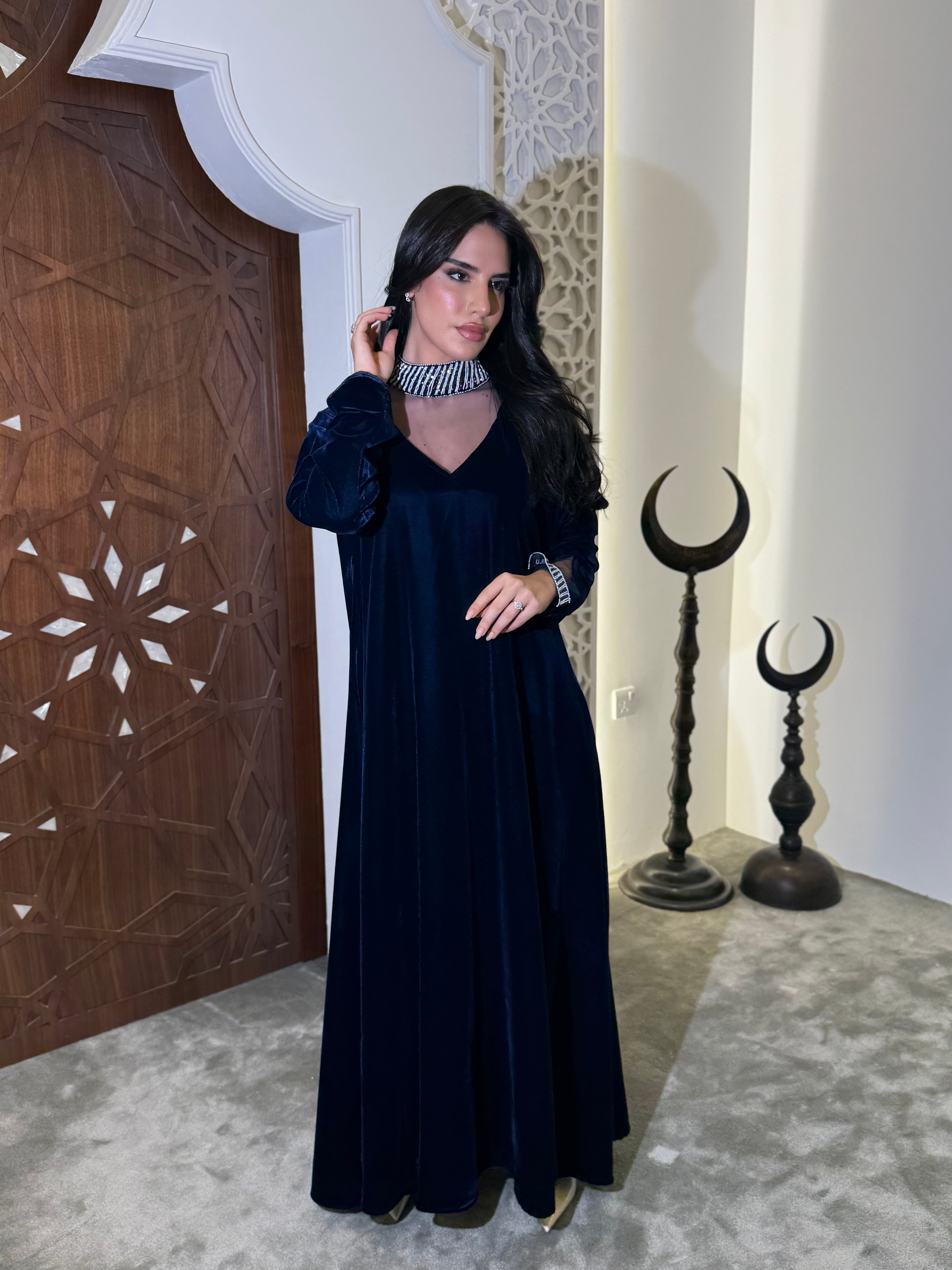 Dark blue velvet jalabiya with beadwork (on order)