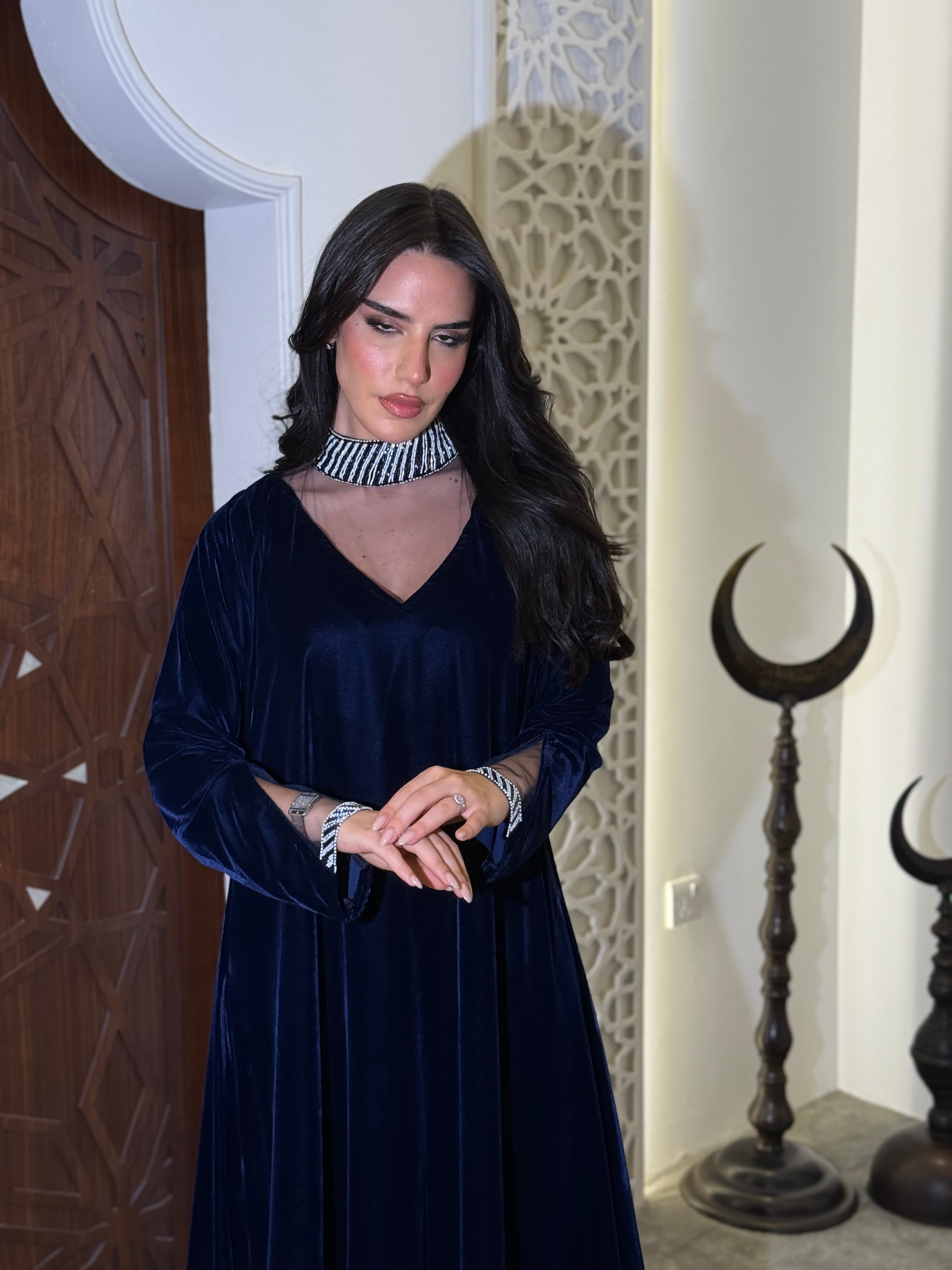 Dark blue velvet jalabiya with beadwork (on order)