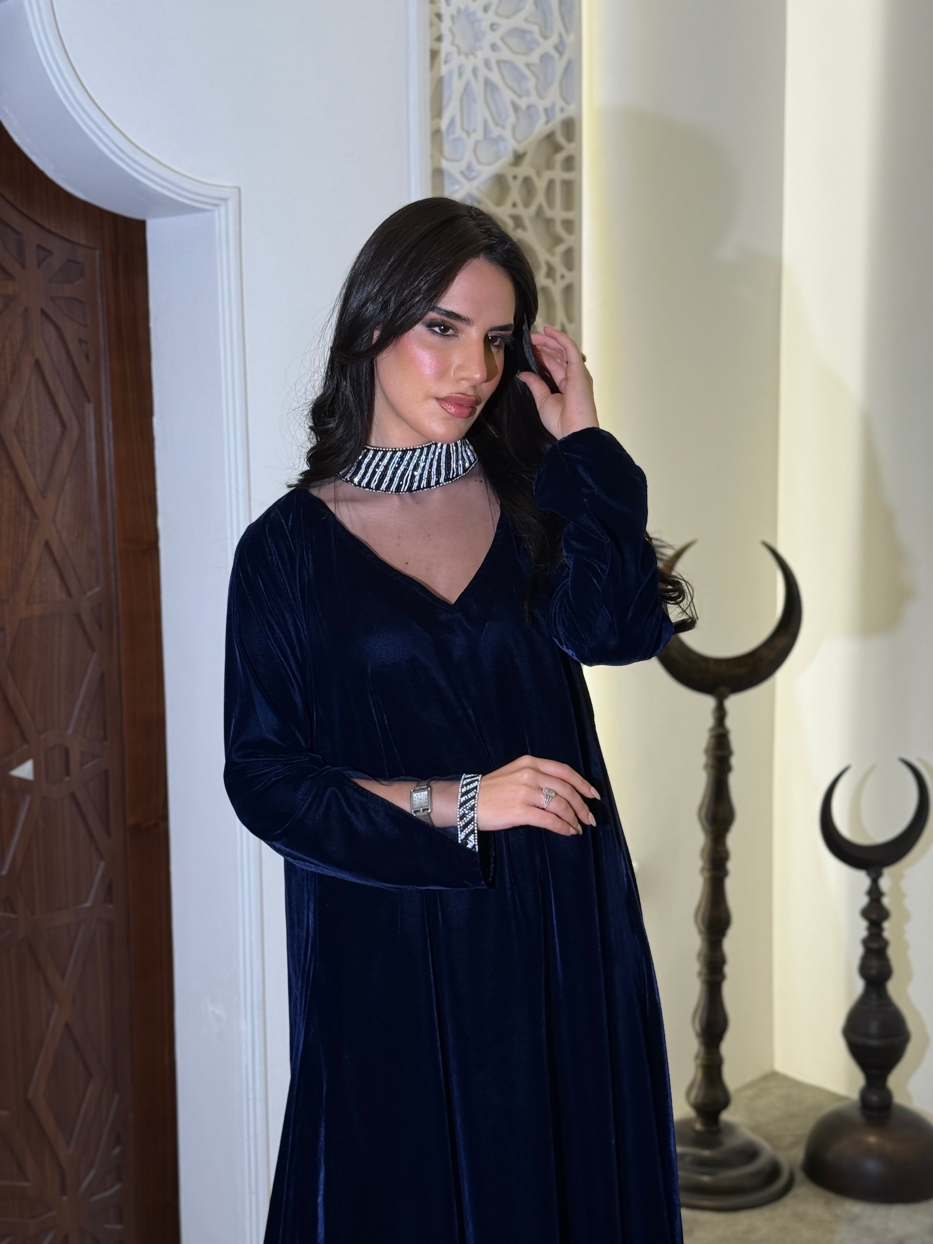 Dark blue velvet jalabiya with beadwork (on order)