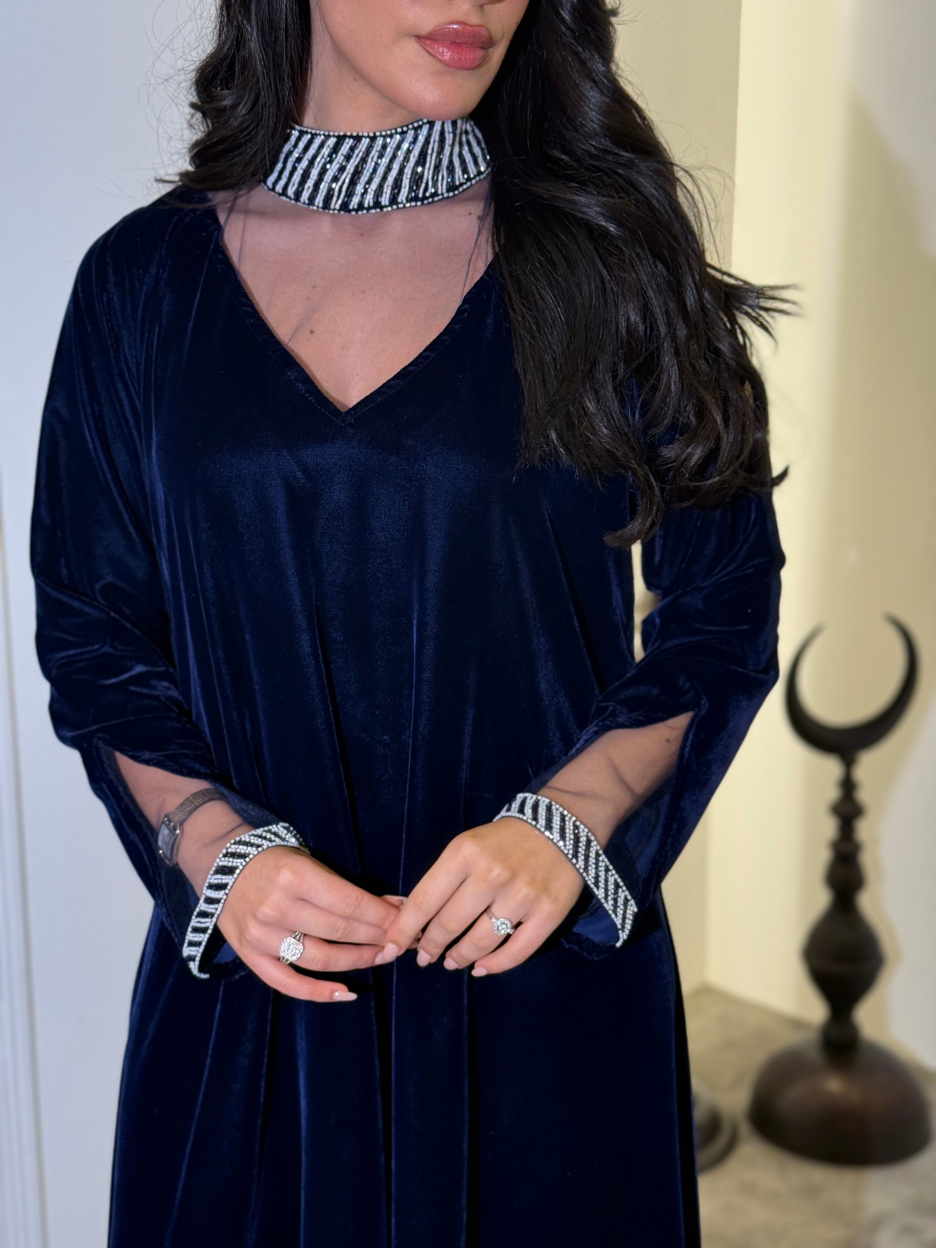 Dark blue velvet jalabiya with beadwork (on order)