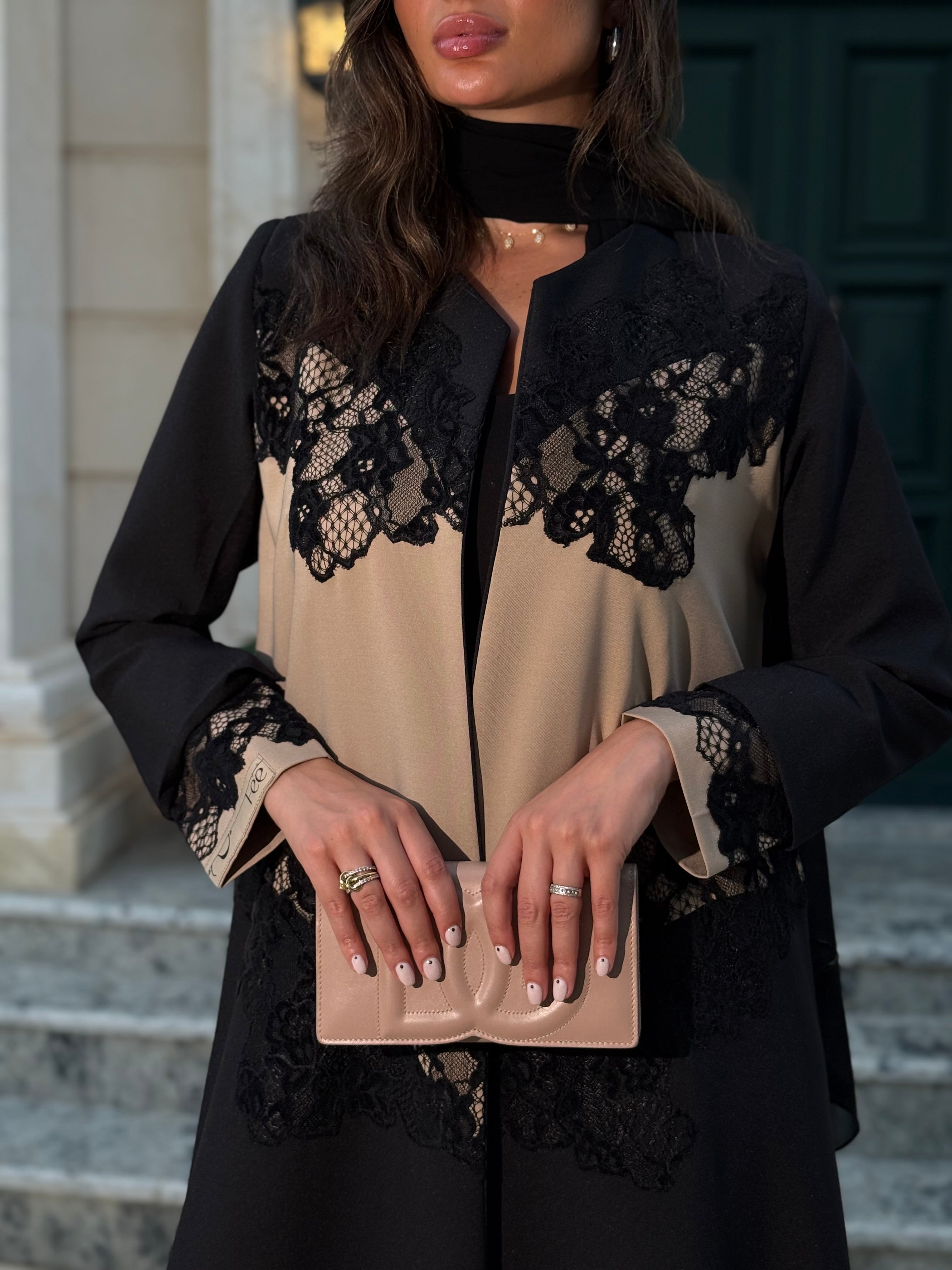 The Dantel Collection. A refined Crepe Blazer featuring exquisite lace overlays and contrasting beige crepe panels