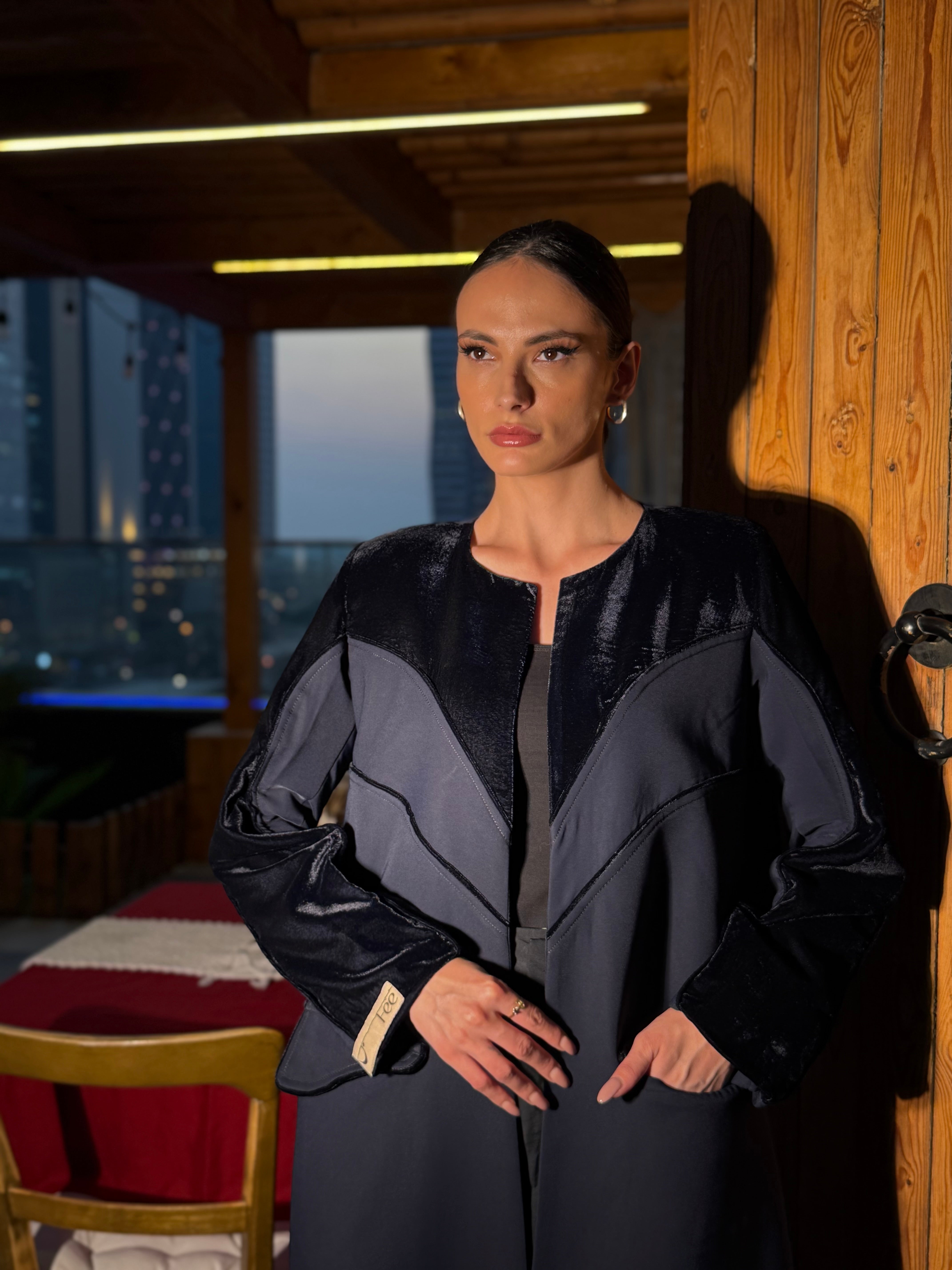 Fully padded blazer with shoulder pads, striped velvet with heavy crepe