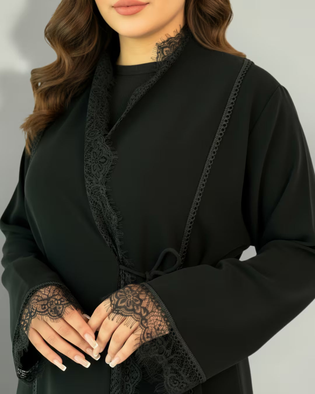 FEE Black Lace-Trim Wrap Abaya