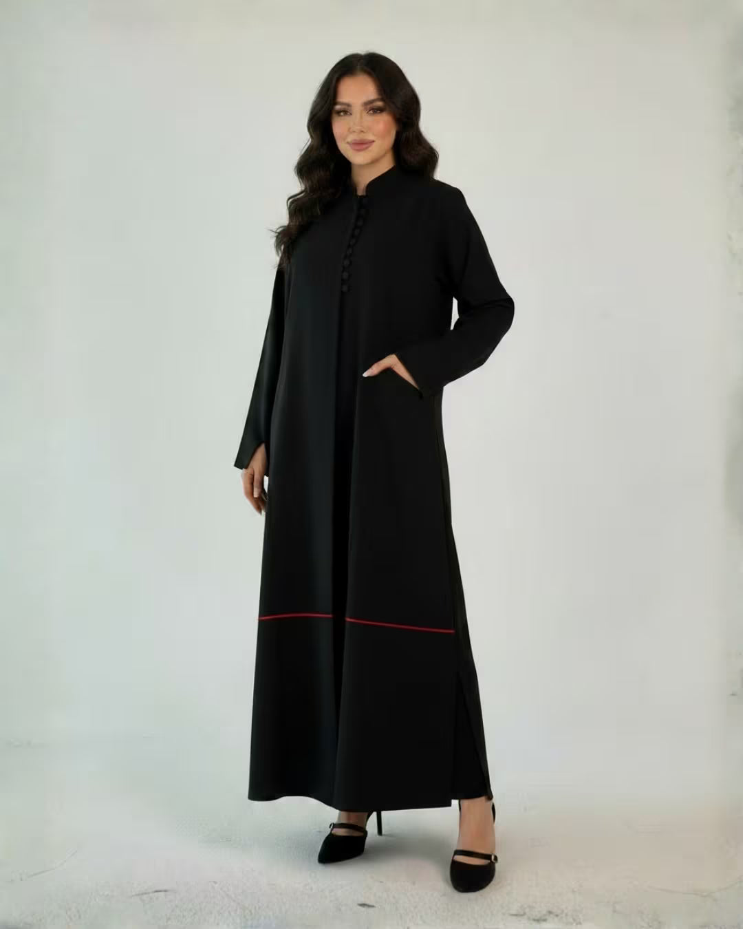 FEE Black Abaya with Red Accent Stitching
