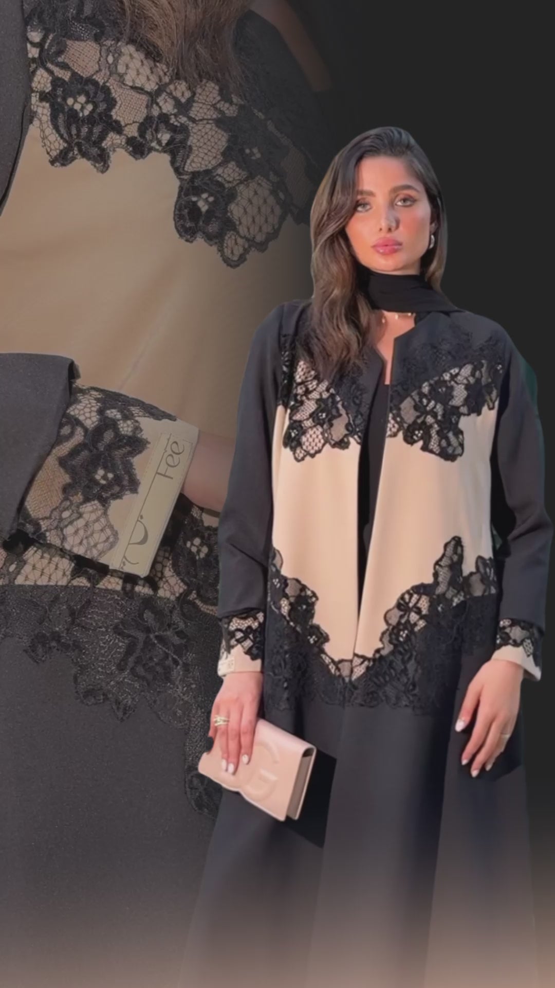 The Dantel Collection. A refined Crepe Blazer featuring exquisite lace overlays and contrasting beige crepe panels