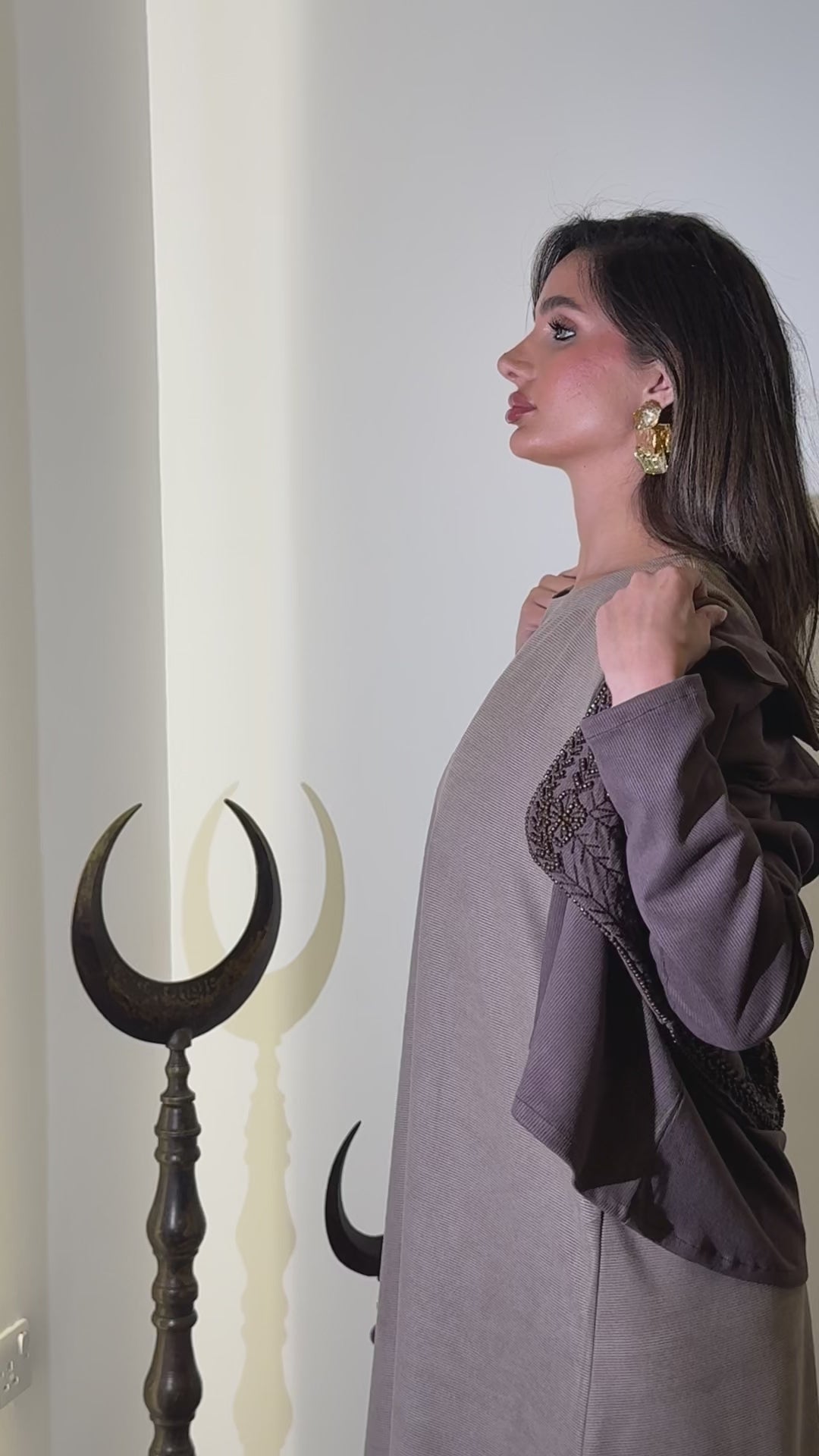 Full-piece jalabiya with a suede jacket, featuring beadwork detailing (on order)