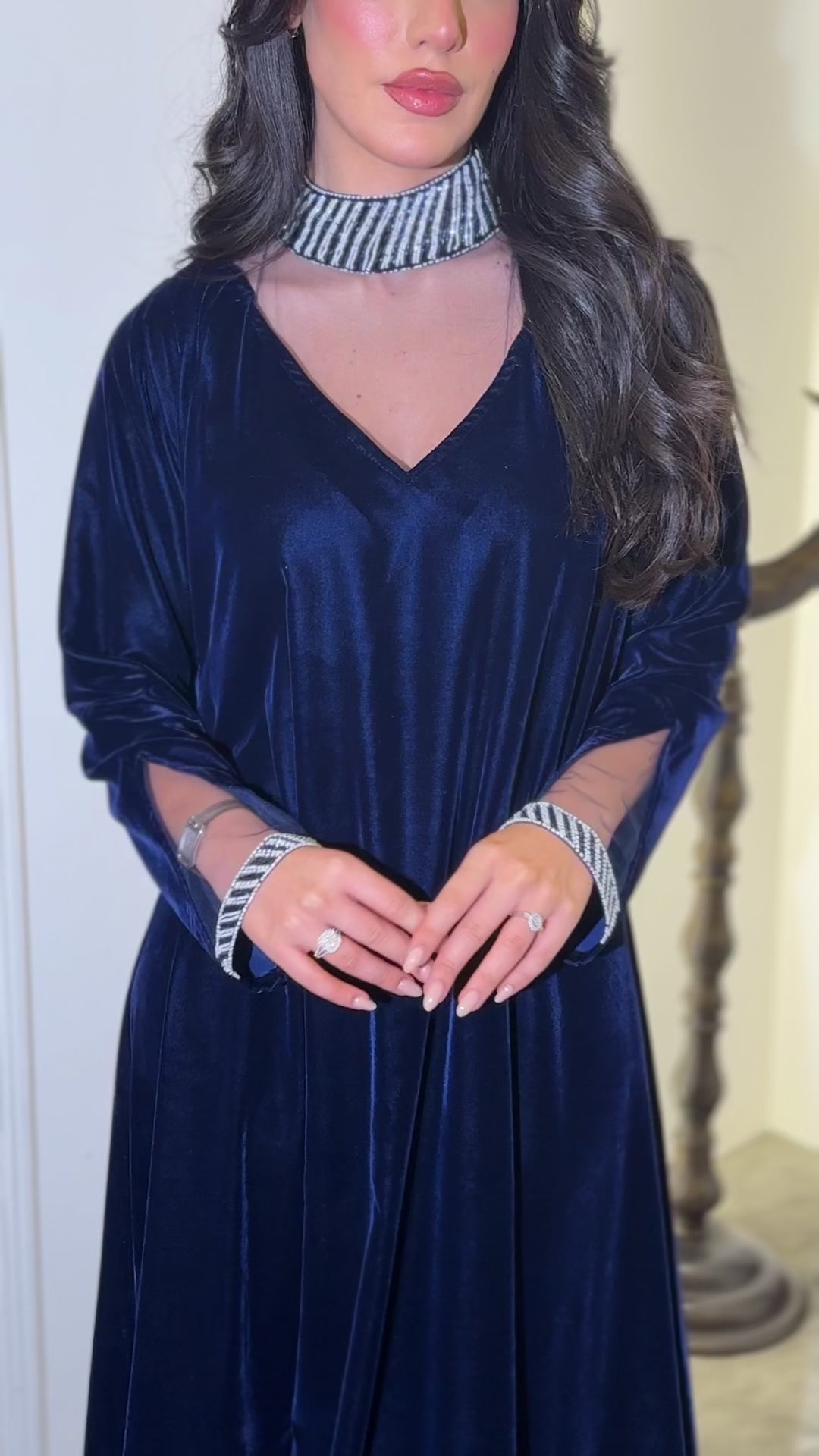 Dark blue velvet jalabiya with beadwork (on order)